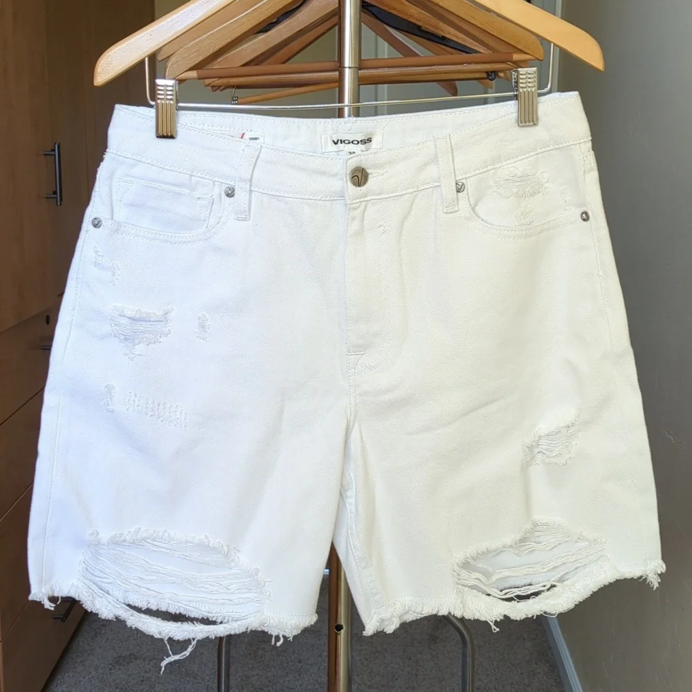 Vigoss Ace High Waisted Destructed Bermuda Denim Shorts White Size 29